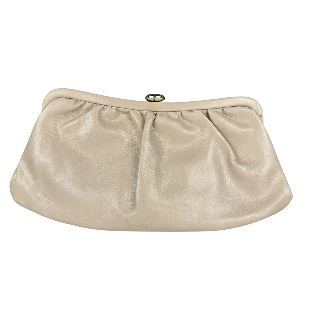 Vintage Cream Slouchy Frame Clutch Bag Evening Pouch Off-White Silver B72Q‎